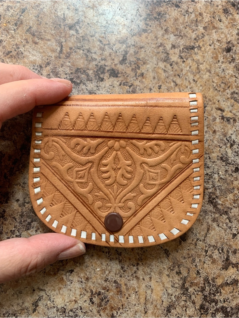 Hand-Tooled Tan Leather Coin Pouch with Snap Closure